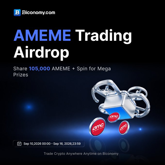 A Biconomy.com advertisement for an 'AMEME Trading Airdrop' offering to share 105,000 AMEME tokens plus spin prizes, running from Sep 10, 2026 to Sep 16, 2026.
