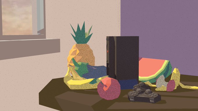A colorful textured digital illustration depicts a still life with a pineapple, watermelon slice, controller, and other objects arranged on a dark surface near a window.
