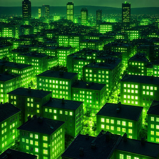 A neon-green-lit cityscape at night stretches toward the skyline, with countless glowing windows illuminating rows of buildings and high-rises. The eerie, otherworldly green glow visually echoes the bullish crypto energy of the caption, symbolizing a transformative "BullRun" moment tied to $INJ.