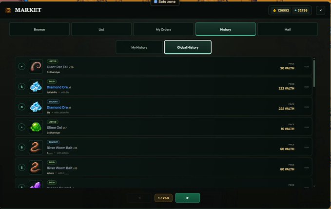 A video game marketplace interface displays a 'Global History' tab showing various items for sale, including 'Giant Rat Tail', 'Diamond Ore', 'Slime Gel', and 'River Worm Bait' with prices in VRALTH.