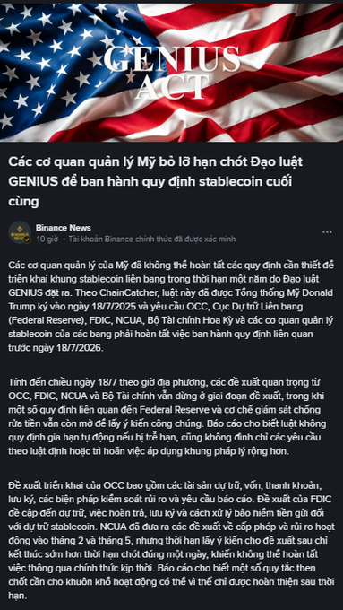 A Binance News article in Vietnamese with a US flag banner titled 'GENIUS ACT' about US regulators missing the deadline to issue final stablecoin regulations under the GENIUS Act, signed 18/7/2025.