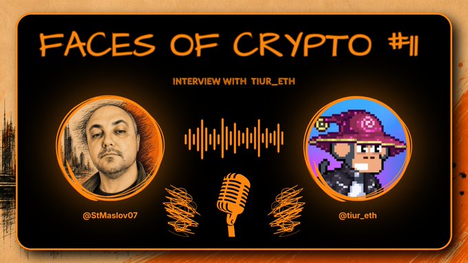 Podcast thumbnail 'FACES OF CRYPTO #11' featuring an interview with @tiur_eth and @StMaslov07, showing their profile pictures and an audio waveform.
