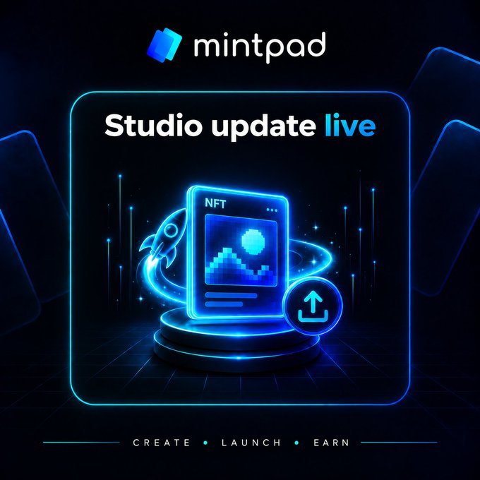 A promotional graphic for mintpad with 'Studio update live' text and 'CREATE • LAUNCH • EARN' tagline, featuring an NFT icon.