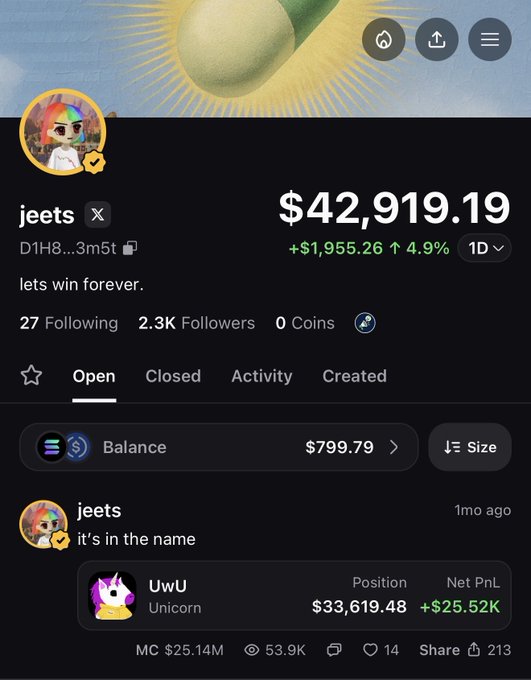 The image shows the Pump.fun profile of "jeets" with a total profit of $42,919.19, including a $25.52K net PnL from their "UwU Unicorn" coin. This visually supports the post about being verified on the Pump.fun app, as the profile displays key financial metrics and an avatar.