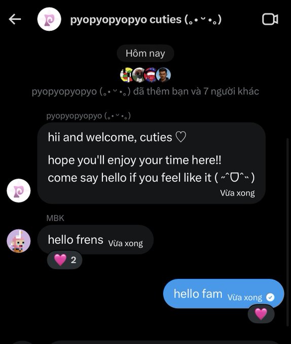 A chat interface on a mobile app where a user named 'MBK' has sent 'hello frens' and the current user replies 'hello fam' in a group called 'pyopyopyopyo cuties (｡•́︿•̀｡)'.