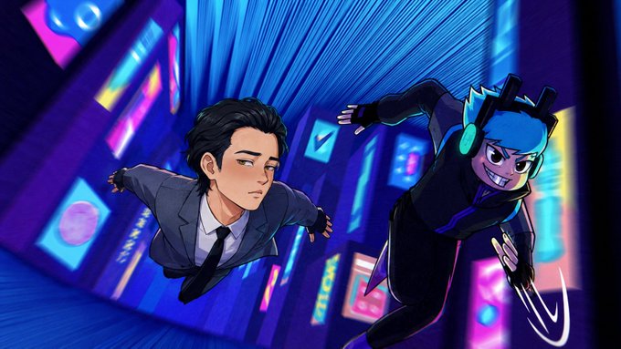 A stylized digital illustration shows a serious man in a suit and a blue-haired character with headphones flying through a neon-lit virtual environment, capturing the "stay weird" energy of the VOLT project's upcoming launch on August 31st.