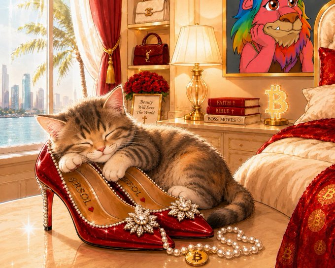 A tabby kitten sleeps contentedly inside a red "SASSOL" high heel adorned with crystals and pearls, surrounded by Bitcoin symbols, a "Bitcoin B" neon sign, and books labeled "FAITH," "BIBLE," and "BOSS MOVES," with a poster reading "Beauty Will Save The World" — perfectly matching the post's playful nod to Zosya as a charm for attracting powerful women in finance across generations.