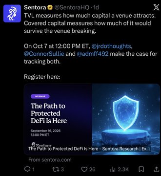 A tweet from Sentora (@SentoraHQ) discussing TVL measures and the durability of capital, promoting a webinar titled 'The Path to Protected DeFi Is Here' featuring @jrdothoughts, @ConnorSullie, and @admf4492.