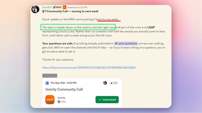 A Discord message from 'Gambit' announces a 'Community Call' postponed by one week, with a green box highlighting that the team is heads-down on the road to a 'mainnet launch' and currently at 'LEAP' representing Unicity Labs.