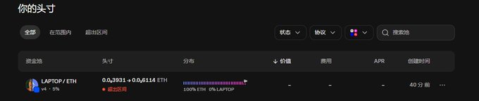 The image shows a "Your Liquidity" page in Chinese, displaying a LAPTOP/ETH liquidity position with a value of 0.03931 + 0.05114 ETH (approximately $146), currently earning no fees or APR, created 40 minutes ago.

The screenshot relates to the post as it captures the user's active liquidity pool position with the LAPTOP token—likely the "Biden's son coin" mentioned—showing they added liquidity to the LAPTOP/ETH pool and are now waiting for new buyers ("P newbies") to generate trading fees and profits.