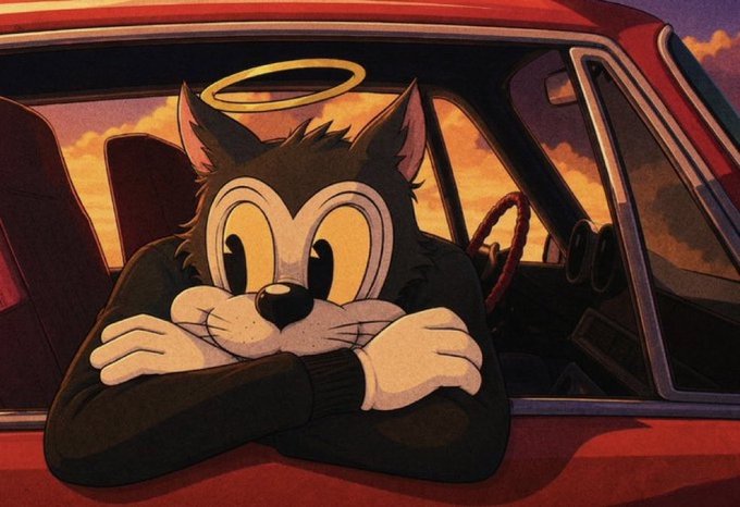 The image features an illustration of a cartoon cat sitting inside a car, with its arms crossed over its chest. The cat appears to be wearing a sweater and has a halo around its head. The background of the image shows a sunset or sunrise, adding a warm and cozy atmosphere to the scene. The caption " Everybody has a little bit of @DegenToonz in them." suggests that the cartoon cat might represent an aspect of human nature, such as having a quirky or whimsical personality.
