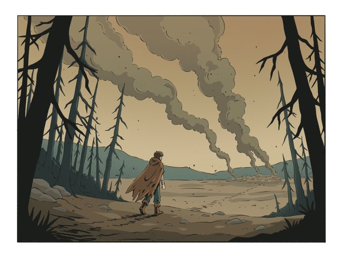 A comic-style illustration showing a cloaked figure walking along a dirt path toward a distant village with plumes of smoke rising into the sky, surrounded by tall, bare trees.