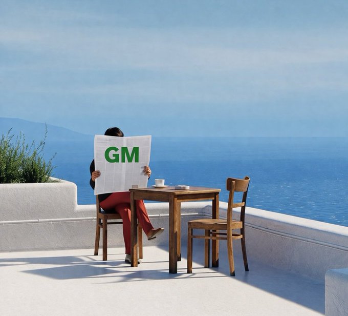 A person in red pants sits at a small wooden table on a sunny seaside terrace, reading a newspaper displaying "GM" (a common crypto greeting meaning "Good Morning"), mirroring the post's $LUNC market update with a calm, stable mood that reflects the token's "early stabilization."