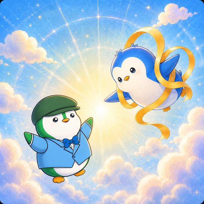 A whimsical illustration of two cartoon penguins in a bright, cloudy sky—one in a blue suit and green hat, the other flying with a yellow ribbon—surrounded by sparkling light rays.