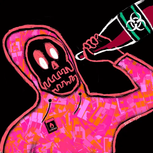 A neon pink and orange graffiti-style illustration of a skeleton figure in a hoodie holding a bottle with a biohazard symbol.