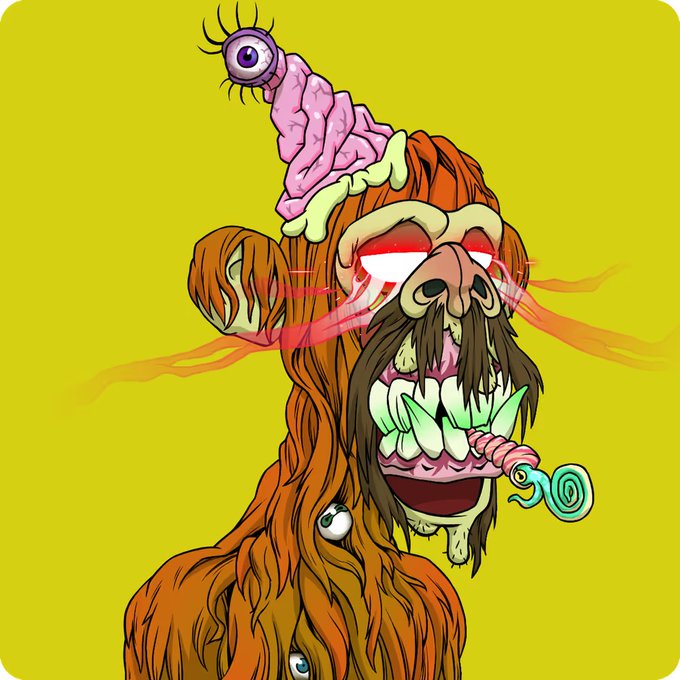 A stylized, colorful illustration of a grotesque, cartoonish creature with orange shaggy fur, a long pink brain-like protrusion topped with an eye, red laser-beam eyes, and a wide, toothy grin against a bright yellow background.