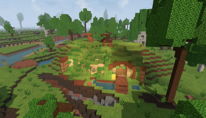 A vibrant, blocky landscape from the video game Minecraft features grassy hills, trees, water, and various terrain blocks.