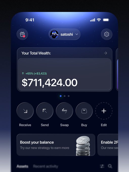 Cryptocurrency wallet app interface showing a user named 'satoshi' with a Total Wealth of $711,424.00 (+65%) and action buttons for Receive, Send, Swap, Buy, and Edit.