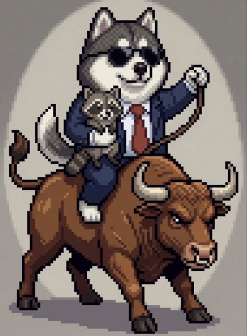 A pixel art illustration of a husky dog wearing sunglasses, a blue suit, and red tie, riding a brown bull while holding a smaller husky puppy under one arm, with one arm raised triumphantly.