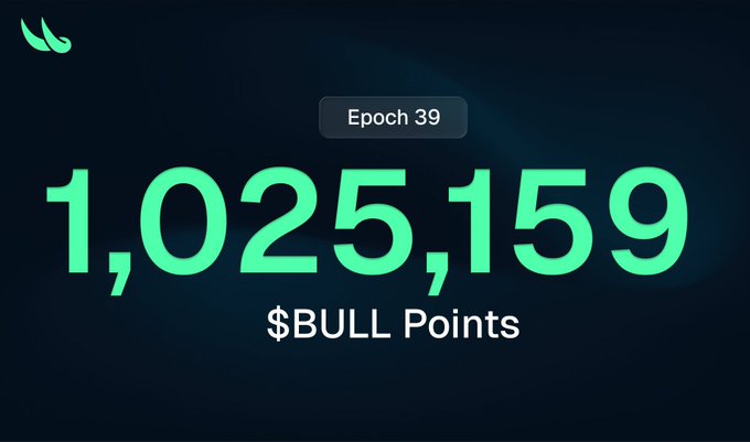 A dark screen displays a Bull score of 1,025,159 $BULL Points at Epoch 39, with a teal logo in the upper left.