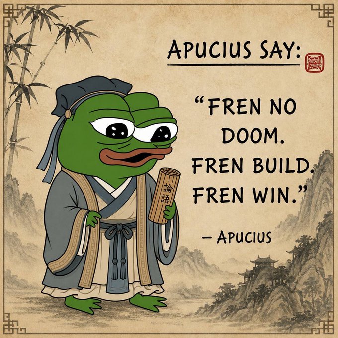 A Pepe-style frog dressed as a Chinese sage holding a scroll reads "Apucius Say: 'Fren no doom. Fren build. Fren win.' — Apucius" against a traditional mountain and bamboo background.