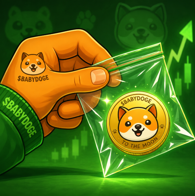 A digital illustration featuring a hand wearing a $BABYDOGE glove holding a clear bag containing a $BABYDOGE 'TO THE MOON' coin, set against a green background with rising stock chart arrows.