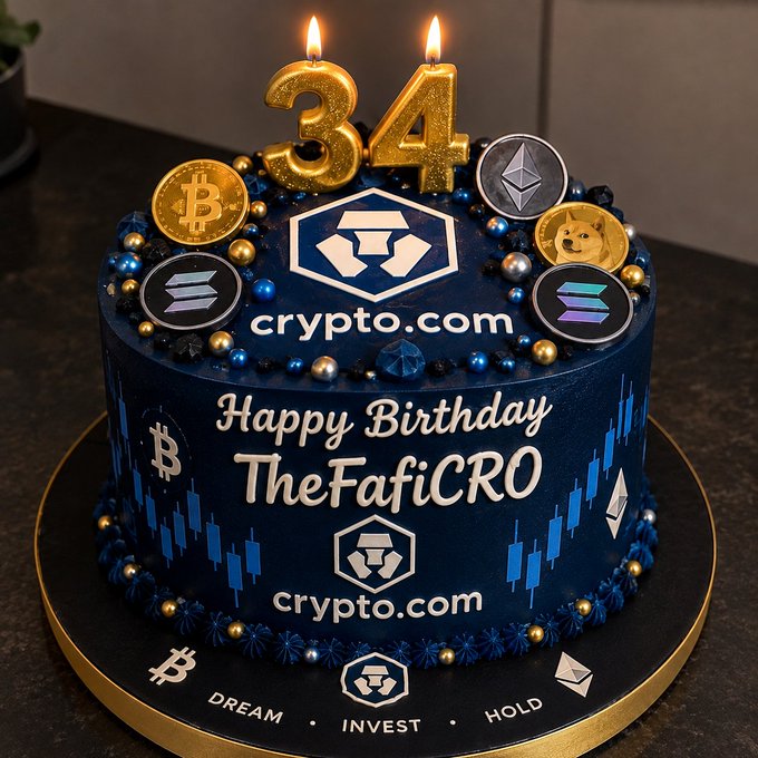 A dark blue birthday cake decorated with crypto logos (Bitcoin, Ethereum, Solana, Dogecoin, Crypto.com) and candlestick chart patterns, topped with '34' candles and reading 'Happy Birthday TheFafiCRO'.
