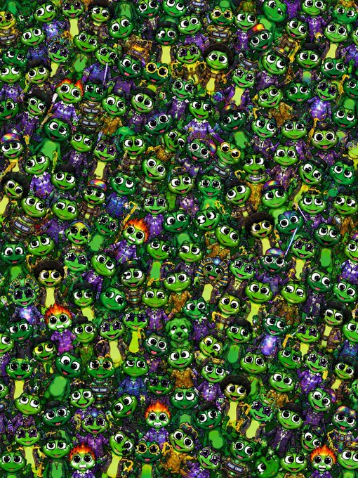 A chaotic, repeating collage densely packed with green Pepe the Frog characters mixed with purple imagery, sunglasses, and skull-like faces, creating an overwhelming, hypnotic visual pattern.