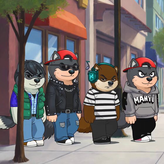 The image features a group of cartoon dogs standing together on a city sidewalk, with one dog wearing sunglasses and headphones. The dogs are dressed in various outfits, including a black leather jacket and a striped shirt. A tree can be seen behind them, adding to the urban setting. The caption for the image reads "FINAL #MANYU #NFT BURN Complete Today was the last burn. Only 8 #NFTs remain to mint. Scarcity just hit an all time high. Urgency is real. These won't last - Don't sleep on this last chance to mint. #ManyuNFT mint.manyushiba.com". The image seems to be related to a post about the scarcity of NFTs, as it features a limited number of dogs and their outfits, which could represent the scarcity of digital art or merchandise in the market.