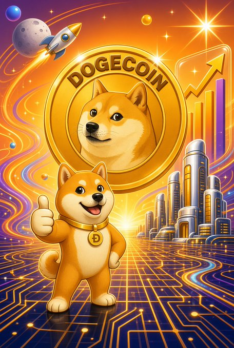 A bright Dogecoin-themed illustration features a smiling Shiba Inu giving a thumbs-up, a large gold coin labeled “DOGECOIN,” a rocket, an upward chart, and a futuristic city.