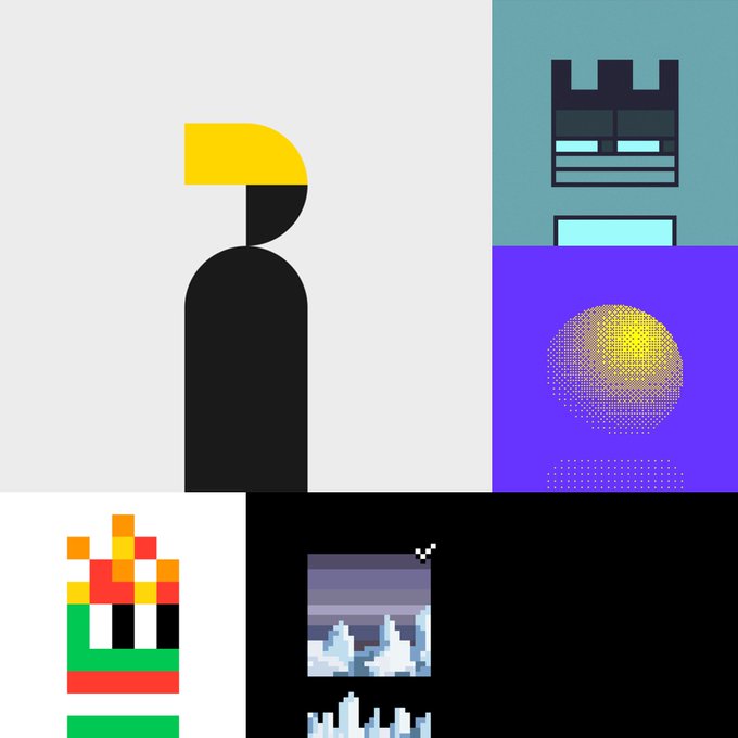 A grid of digital art pieces featuring minimalist designs, including a figure with a yellow hat, a pixelated castle, a dotted yellow circle on a purple background, and stylized pixel art of a flame and clouds.