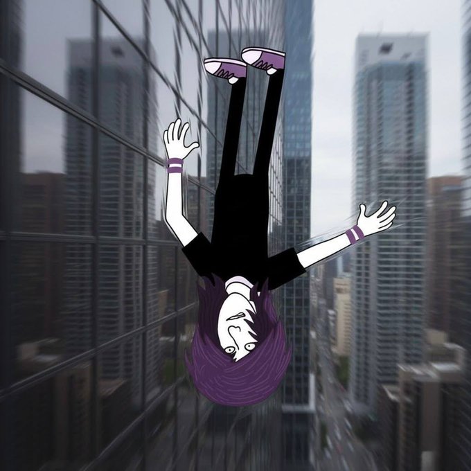 A stylized animated purple-haired girl in black clothing appears to fall or float upside down between modern city skyscrapers.