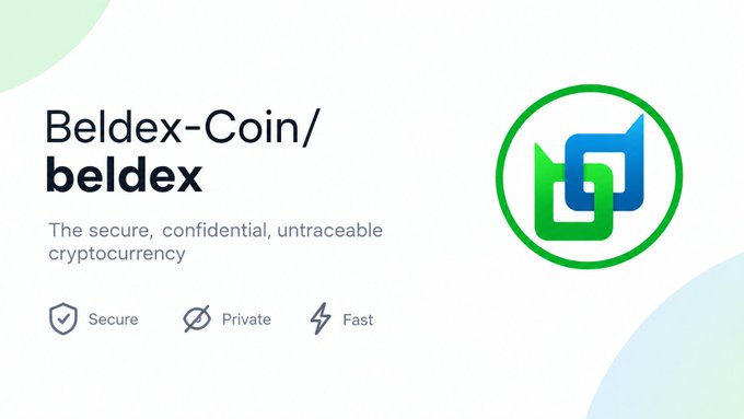 Promotional banner for Beldex-Coin/beldex, a cryptocurrency described as 'The secure, confidential, untraceable cryptocurrency' with a green and blue logo and tags for Secure, Private, and Fast.