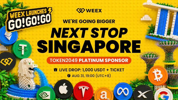 A vibrant WEEX promotional banner built from LEGO-style imagery announces their next stop in Singapore as a Token2049 Platinum Sponsor, featuring a live drop giveaway of 1,000 USDT plus a ticket on August 31 at 19:00 (UTC+8). The design showcases iconic landmarks like the Merlion and Marina Bay Sands, surrounded by crypto and tech logos including Bitcoin, Tesla, Apple, and Tether, tying directly to the post's call-to-action to join WEEX's livestream for the $399 ticket giveaway.