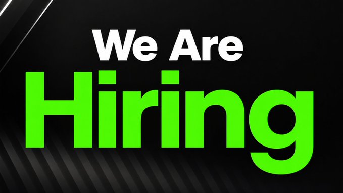 A 'We Are Hiring' recruitment graphic with white and bright green text on a black background.