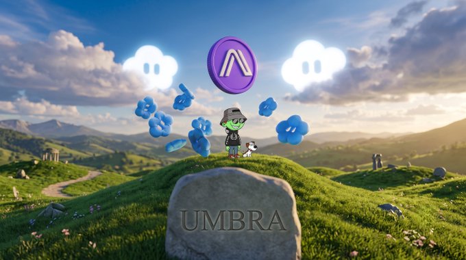 A whimsical landscape illustration featuring a small character in a hat standing on a hill with a tombstone labeled 'UMBRA,' surrounded by floating blue creatures and a purple logo in the sky.