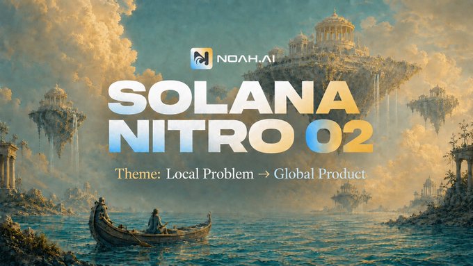 A fantasy-themed promotional graphic for 'Solana Nitro 02' by NOAH.AI featuring floating islands, classical architecture, and a boat on the water, with the tagline 'Theme: Local Problem → Global Product'.
