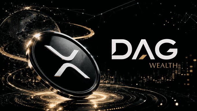 A sleek, futuristic digital rendering features the XRP logo (a stylized silver "X") on a black coin, set against a glowing gold and black space-like background with orbital rings and city lights, alongside the text "DAG WEALTH." The image promotes DAG Wealth's service as an automated way to purchase XRP using cash, aligning with the post's recommendation.