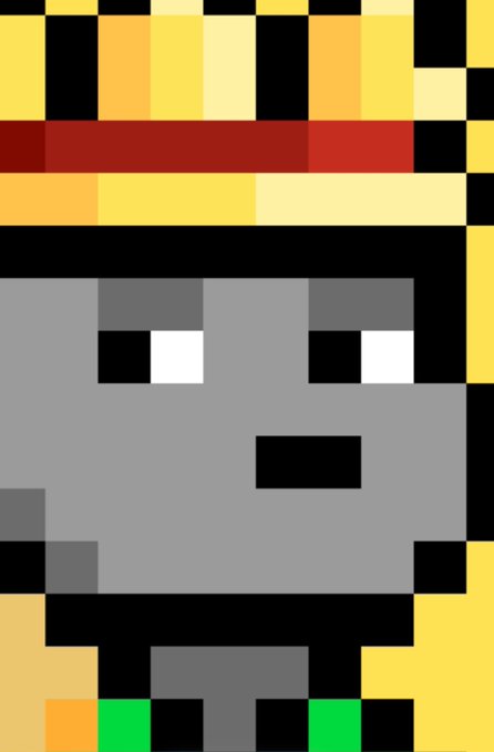A pixel art character with gray skin, black eyes with white pupils, and a yellow and orange striped hat, possibly resembling Shaggy from Scooby-Doo.