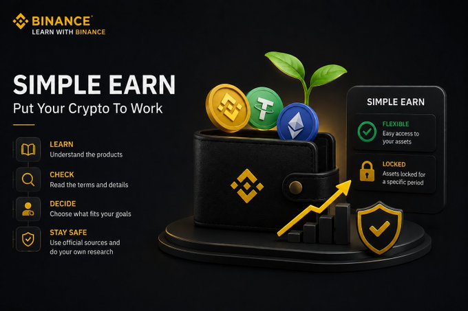A Binance "Simple Earn" promotional graphic features a black wallet with Binance Coin (BNB), Tether (USDT), and Ethereum coins sprouting a green plant, alongside a growth chart and shield icon. The design highlights two earning options—Flexible (easy access) and Locked (specific period)—supporting the post's explanation of how crypto earning products allow eligible assets to generate rewards rather than sitting idle.
