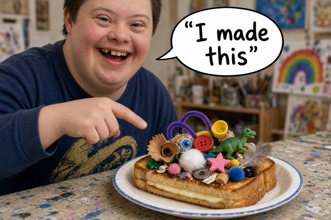 A man with Down syndrome smiling and pointing at a piece of toast elaborately decorated with craft supplies like buttons, pipe cleaners, and a plastic dinosaur, with a speech bubble saying 'I made this'.