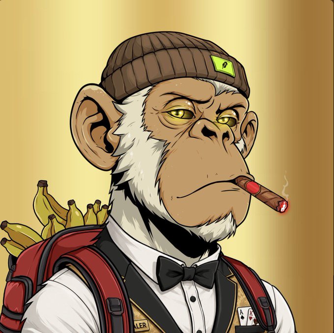 A cartoon monkey character wearing a brown beanie, white shirt, and black bow tie, smoking a cigar with bananas in a red backpack.