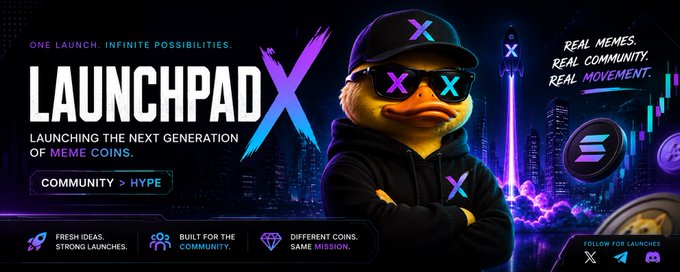 A promotional banner for 'LAUNCHPAD X' features a duck mascot wearing sunglasses and a cap, advertising meme coin launches with the tagline 'ONE LAUNCH. INFINITE POSSIBILITIES.'