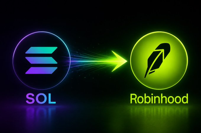 A digital graphic showing a transfer or flow from SOL (Solana cryptocurrency logo) to Robinhood, with a green arrow connecting the two logos on a dark background.