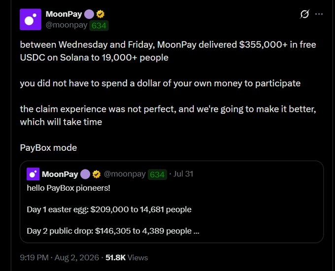 Tweet from MoonPay (@moonpay) announcing delivery of $355,000+ in free USDC on Solana to 19,000+ people, mentioning PayBox mode and detailing Day 1 and Day 2 distributions.