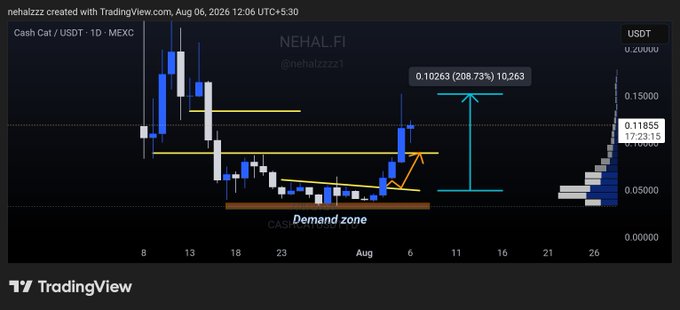The image is a TradingView chart of $CASHCAT/USDT on MEXC posted by user "nehalzzz," highlighting a breakout from a demand zone with an annotation showing a 208.73% gain (0.10263 to 10.263). The caption boasts a "3X move" and "208% in profit" from the recent breakout entry, visually confirming the post's claim of a clean, high-probability setup.