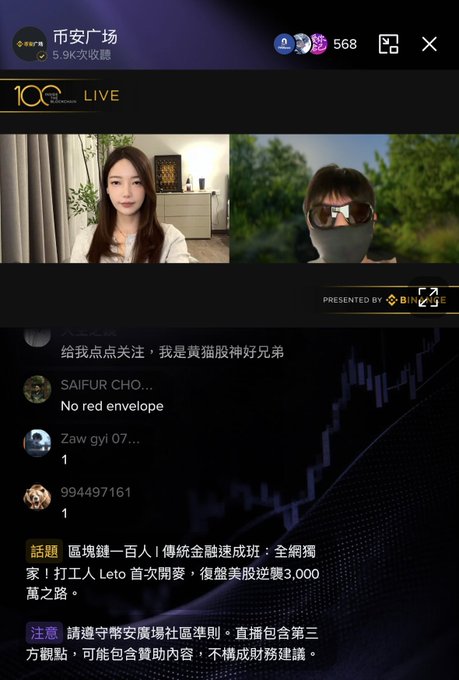 The image shows a Binance Live broadcast from "市安广场" (Binance Square) featuring a two-person video call, where a woman appears on the left and Leto Bao (wearing sunglasses and a mask) appears on the right, with 568 viewers and 5.9K likes displayed at the top. The accompanying post relates to this by identifying Leto Bao as the masked guest discussing his US stock trading success and investment strategy shift to value investing around August of the previous year.