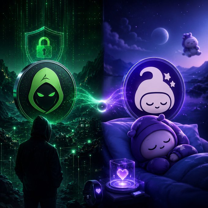 A split-screen digital illustration showing a green-hooded hacker with a security shield on the left and a sleeping purple character on the right, connected by glowing energy.