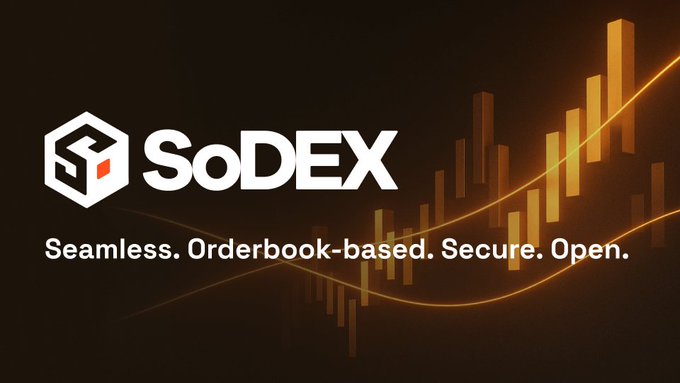 Promotional banner for SoDEX featuring its logo and the tagline "Seamless. Orderbook-based. Secure. Open." set against an upward-trending orange candlestick chart on a dark background, visually reinforcing the post's emphasis on using SoDEX for quick, profitable perp trades like longing $SOL and $BNB.