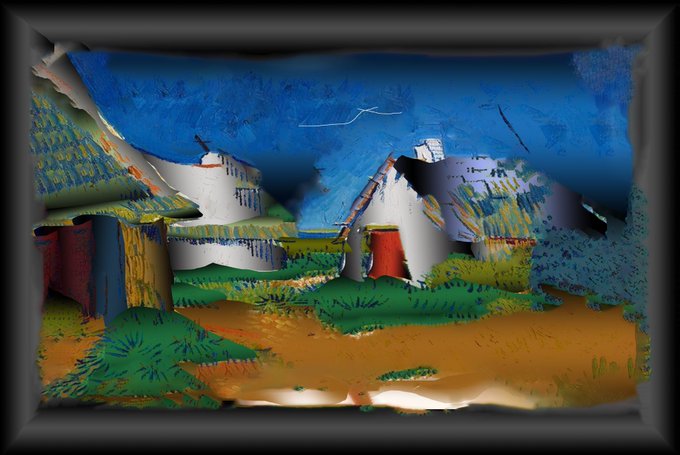 A digitally distorted, painterly landscape artwork showing white buildings with red doors nestled in green terrain under a bright blue sky, framed by a black border.